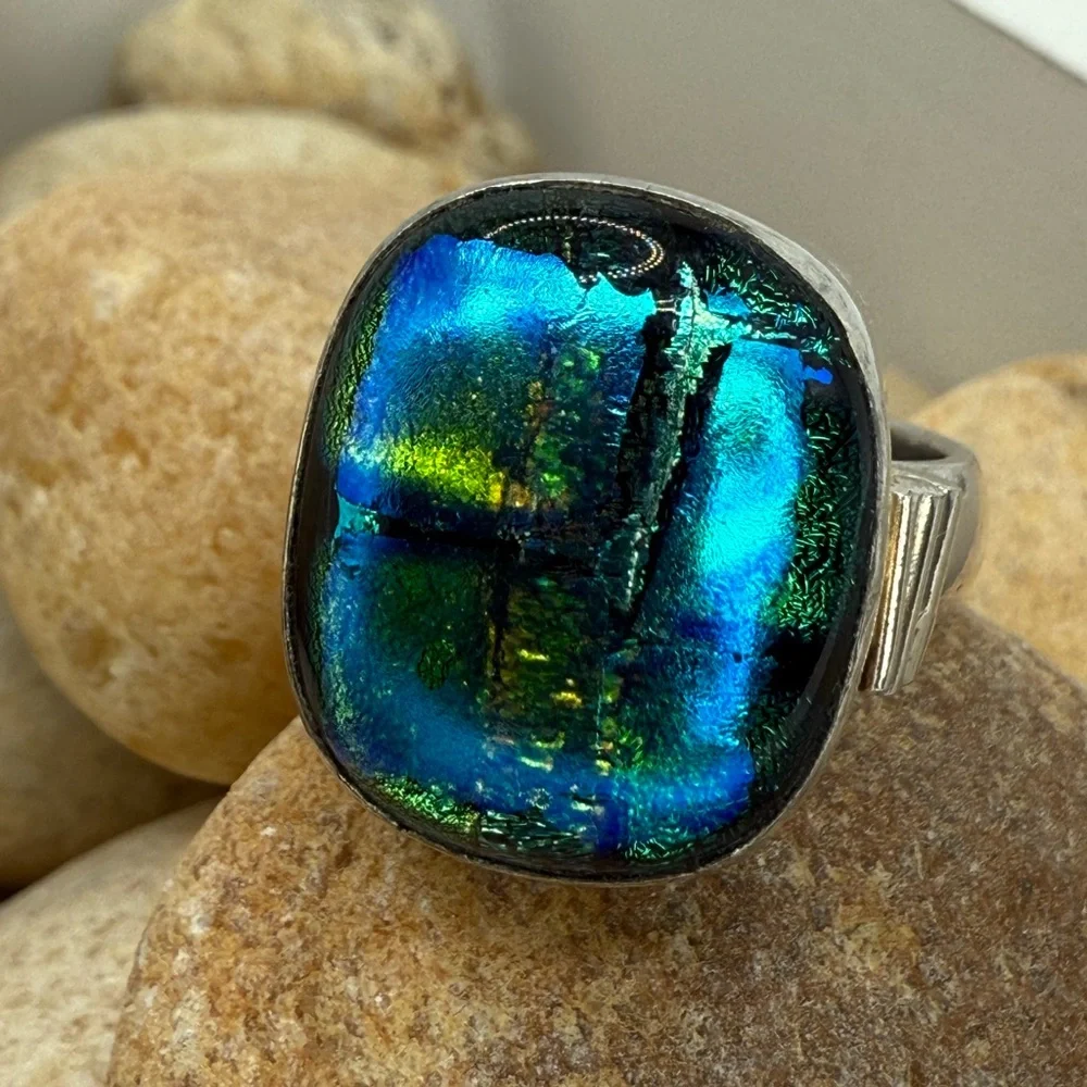 Sterling Silver Multicolor Blue Dichroic Glass Statement Ring Size 10 – 10.6g